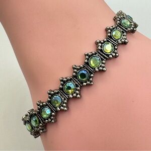 Vintage Silver-Tone Green Crystal Stretch Bracelet